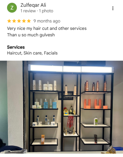 Google review by Zulfeqar Ali - 5 stars: Very nice my hair cut and other services